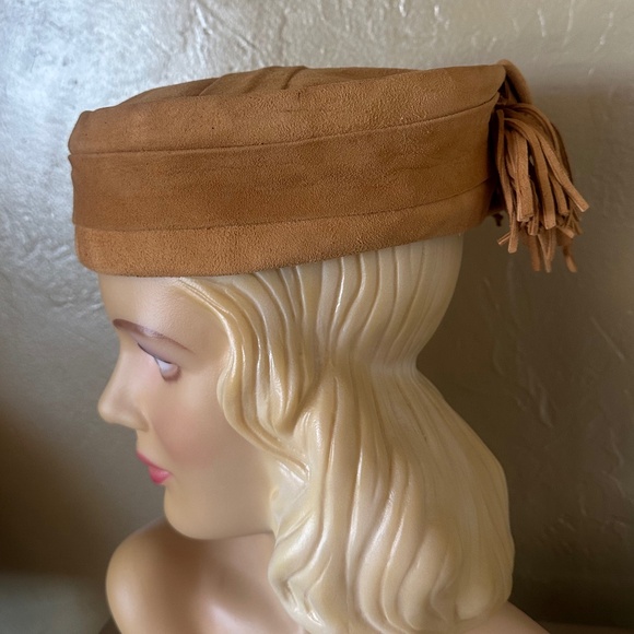 MOD 1960s\' TAN SUEDE HAT WITH BACK BUTTONS AND TASSELS main image 9